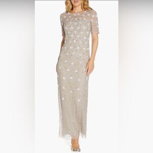 Adrianna Papell 3D Floral Beaded Evening Gown in Marble size 8 NWT